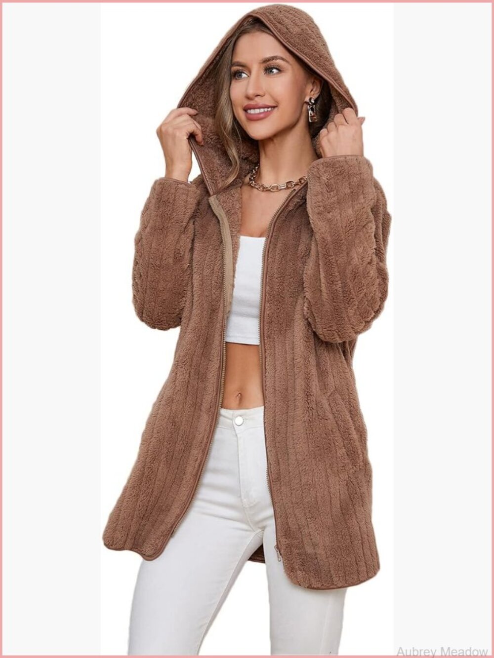 Women's Fuzzy Fleece Sherpa Zip Up Hooded Jacket with Pockets